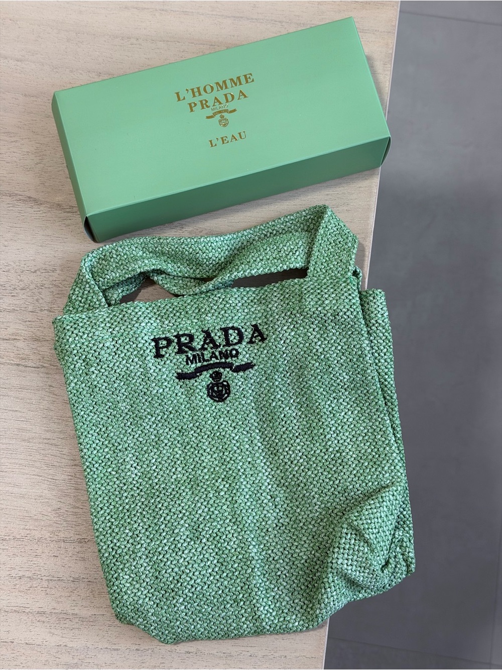 Prada Green Woven Tote with Embroidered Logo